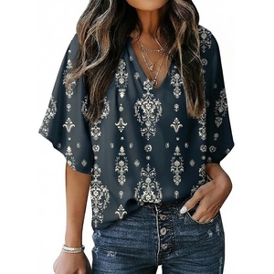 image:imageDokotoo Womens Chiffon Blouses Dressy Casual Summer 34 Sleeve Tops V Neck Work Dress ShirtsFloral Black