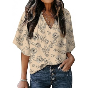image:imageDokotoo Womens Chiffon Blouses Dressy Casual Summer 34 Sleeve Tops V Neck Work Dress ShirtsFloral Khaki