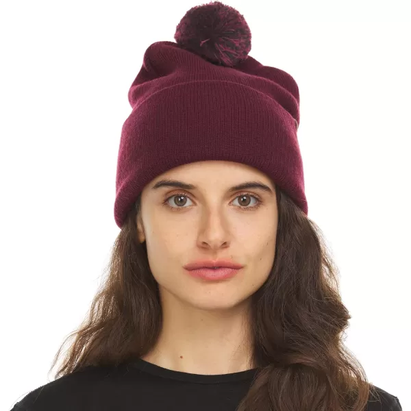 100 Merino Wool Midweight Everyday Knit Cuff Pom Beanie  Winter Pom Pom HatBurgundy With Black and Burgundy Pom