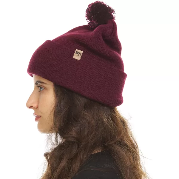 100 Merino Wool Midweight Everyday Knit Cuff Pom Beanie  Winter Pom Pom HatBurgundy With Black and Burgundy Pom