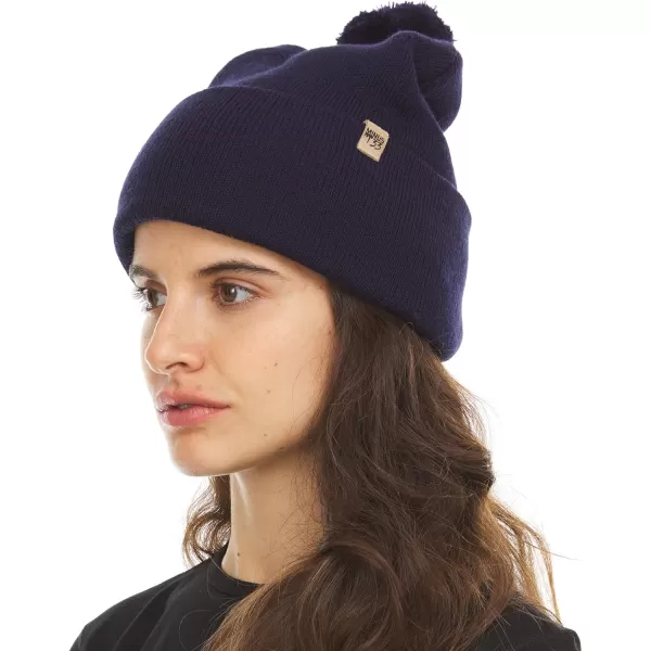 100 Merino Wool Midweight Everyday Knit Cuff Pom Beanie  Winter Pom Pom HatNavy Blue