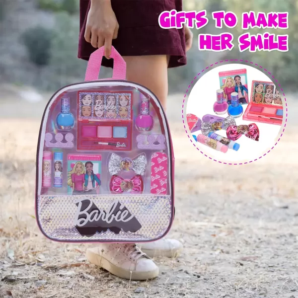 Barbie  Townley Girl Makeup Filled Backpack Set with 12 Pieces Including Lip Balm Nail Polish Nail File Hair Bows and Other Accessories Ages 3 for Parties Sleepovers and MakeoversVERSION 1