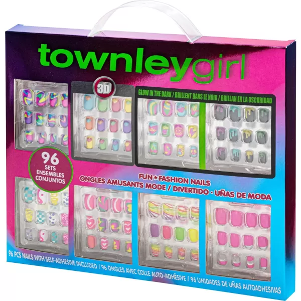 Townley Girl 96 PC Press On Nails Set Glitter and Glam False Nails Set for Tweens with PreGlue Full Cover Acrylic Nail Tip Kit Great for Gifts Parties Sleepovers and MakeoversRainbow