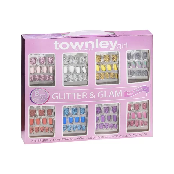 Townley Girl 96 PC Press On Nails Set Glitter and Glam False Nails Set for Tweens with PreGlue Full Cover Acrylic Nail Tip Kit Great for Gifts Parties Sleepovers and MakeoversGlitterGlamup amp Metallic Press