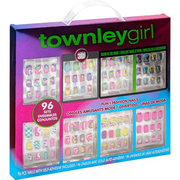 Townley Girl 96 PC Press On Nails Set Glitter and Glam False Nails Set for Tweens with PreGlue Full Cover Acrylic Nail Tip Kit Great for Gifts Parties Sleepovers and MakeoversRainbow