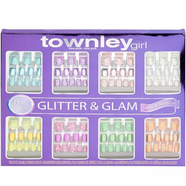 Townley Girl 96 PC Press On Nails Set Glitter and Glam False Nails Set for Tweens with PreGlue Full Cover Acrylic Nail Tip Kit Great for Gifts Parties Sleepovers and MakeoversPurple