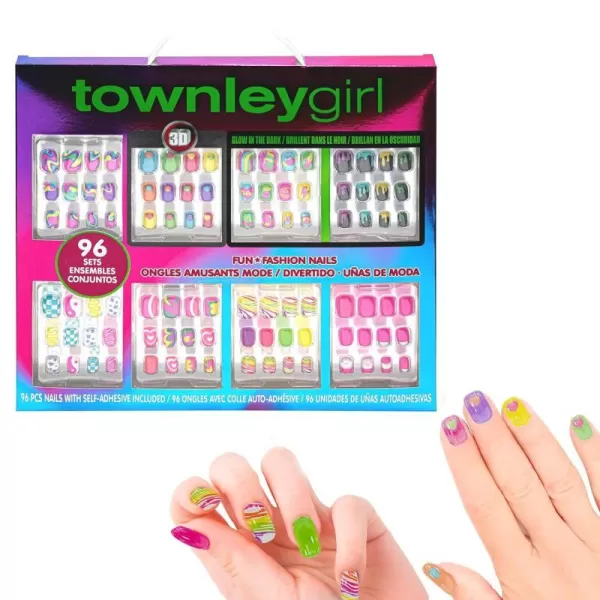 Townley Girl 96 PC Press On Nails Set Glitter and Glam False Nails Set for Tweens with PreGlue Full Cover Acrylic Nail Tip Kit Great for Gifts Parties Sleepovers and MakeoversRainbow