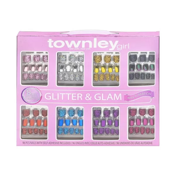 Townley Girl 96 PC Press On Nails Set Glitter and Glam False Nails Set for Tweens with PreGlue Full Cover Acrylic Nail Tip Kit Great for Gifts Parties Sleepovers and MakeoversGlitterGlamup amp Metallic Press