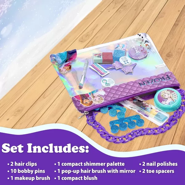 Disney Frozen  Townley Girl Fashion Chain Bag with Peel Off Nail Polish Eyeshadow Hair Accessories Hair Brush and More with Rainbow Chain for Girls Ages 3