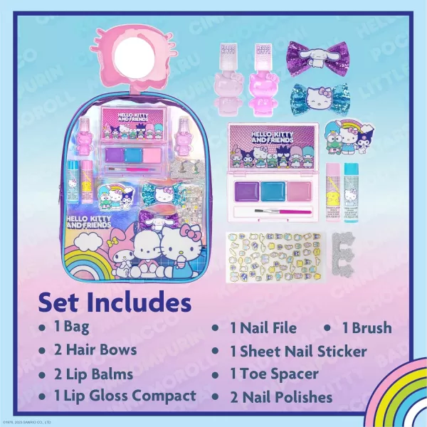 Hello Kitty and Friends Townley Girl Makeup Filled Backpack Set with 12 Pieces Including Lip Gloss Nail Polish Nail Stones and Other Accessories Ages 3 for Parties Sleepovers and Makeovers