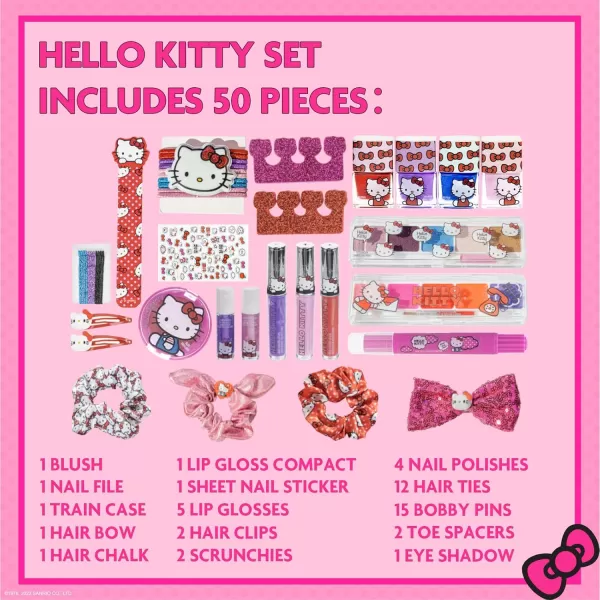 Hello Kitty  Townley Girl Train Case Cosmetic Makeup Set Includes Lip Gloss Eye Shimmer Nail Polish Hair Accessories ampamp More For Girls Ages 3 Perfect for Parties ampamp Makeovers