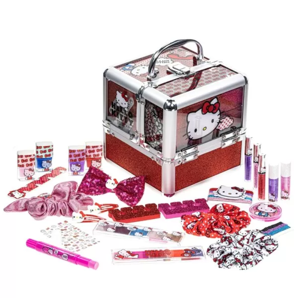 Hello Kitty  Townley Girl Train Case Cosmetic Makeup Set Includes Lip Gloss Eye Shimmer Nail Polish Hair Accessories ampamp More For Girls Ages 3 Perfect for Parties ampamp Makeovers