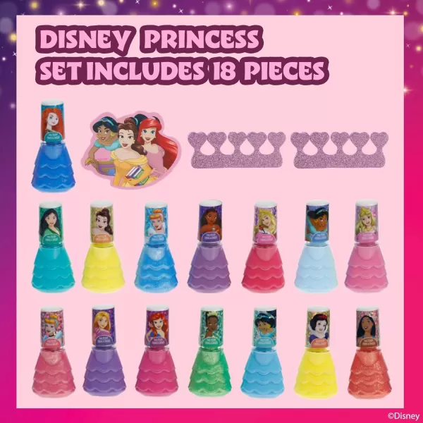 imageTownley Girl Disney Princess 15 Piece WaterBased Nail Polish with 3 Toe Spacers Quick Dry Peel Off Gift Kit Set for Kids Girls Ages 3