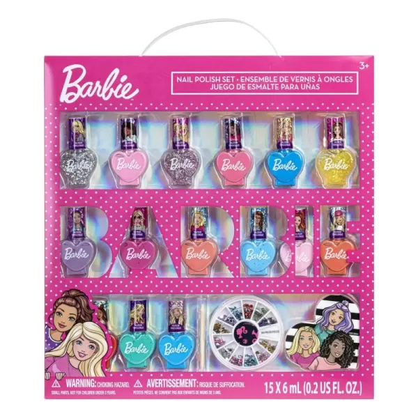 imageBarbie Movie 18 Piece Set Kids WaterBased Nail Polish Activity Makeup Set Includes Nail Polish with Nail Gems Wheel and Nail File for Parties Sleepovers and Makeovers Townley Girl