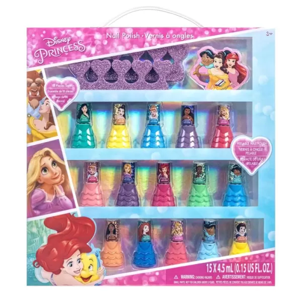 imageTownley Girl Disney Princess 15 Piece WaterBased Nail Polish with 3 Toe Spacers Quick Dry Peel Off Gift Kit Set for Kids Girls Ages 3