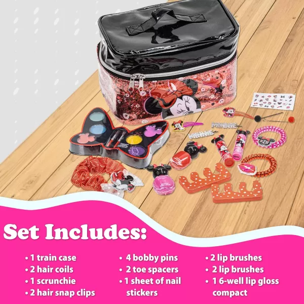 imageTownley Girl Disney Minnie Mouse Zipper Cosmetic Train Case With Lip Gloss Lip Balm Hair Clips Nail Stickers Scrunchie and More Ages 3 for Parties Sleepovers and Makeovers