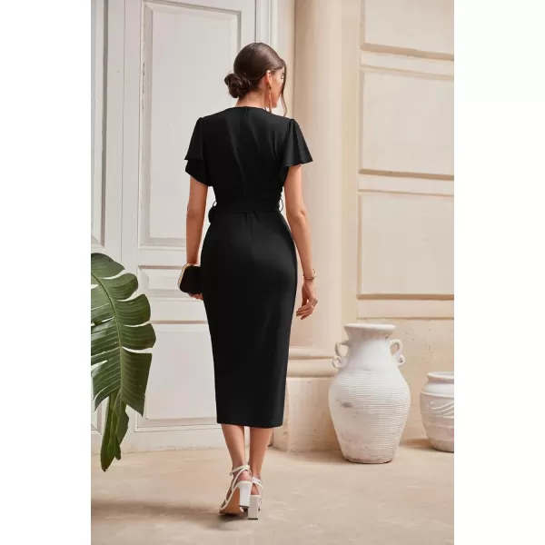 GRACE KARIN 2024 Womens Cocktail Dresses Ruffle Sleeve V Neck Wrap Dress Wedding Party Midi Dress with BeltBlack