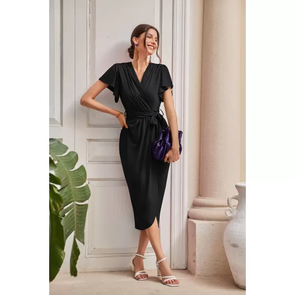 GRACE KARIN 2024 Womens Cocktail Dresses Ruffle Sleeve V Neck Wrap Dress Wedding Party Midi Dress with BeltBlack