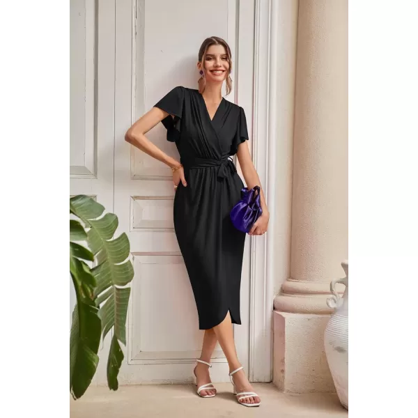 GRACE KARIN 2024 Womens Cocktail Dresses Ruffle Sleeve V Neck Wrap Dress Wedding Party Midi Dress with BeltBlack