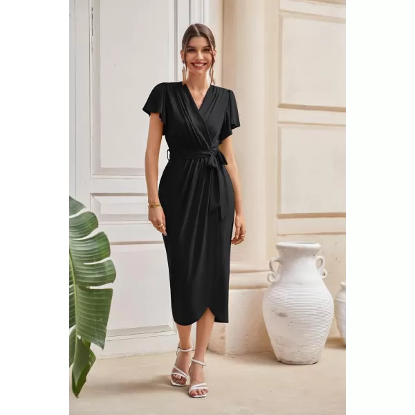 GRACE KARIN 2024 Womens Cocktail Dresses Ruffle Sleeve V Neck Wrap Dress Wedding Party Midi Dress with BeltBlack