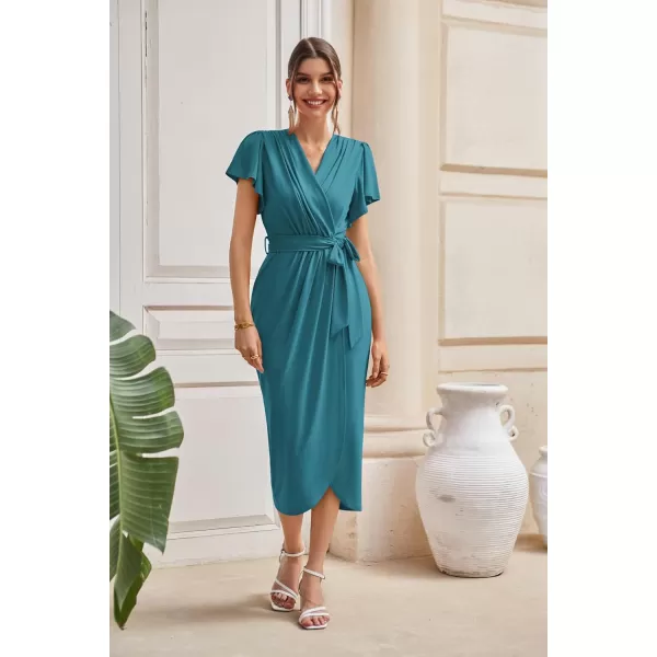 GRACE KARIN 2024 Womens Cocktail Dresses Ruffle Sleeve V Neck Wrap Dress Wedding Party Midi Dress with BeltBlue Green