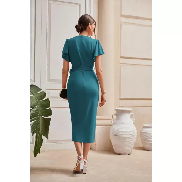 GRACE KARIN 2024 Womens Cocktail Dresses Ruffle Sleeve V Neck Wrap Dress Wedding Party Midi Dress with BeltBlue Green