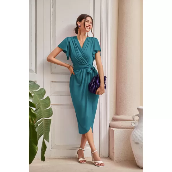 GRACE KARIN 2024 Womens Cocktail Dresses Ruffle Sleeve V Neck Wrap Dress Wedding Party Midi Dress with BeltBlue Green