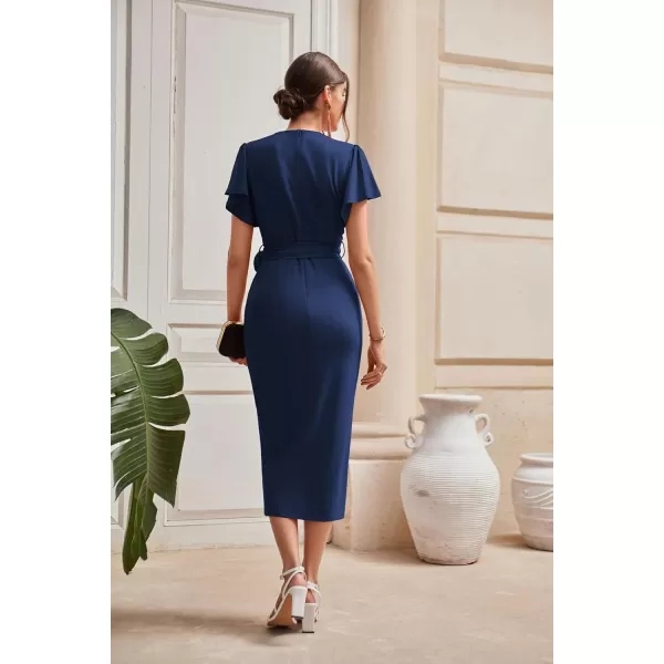 GRACE KARIN 2024 Womens Cocktail Dresses Ruffle Sleeve V Neck Wrap Dress Wedding Party Midi Dress with BeltNavy Blue