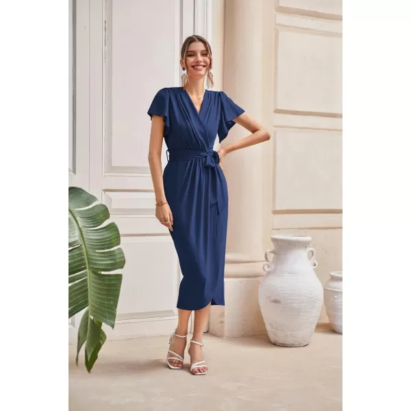 GRACE KARIN 2024 Womens Cocktail Dresses Ruffle Sleeve V Neck Wrap Dress Wedding Party Midi Dress with BeltNavy Blue