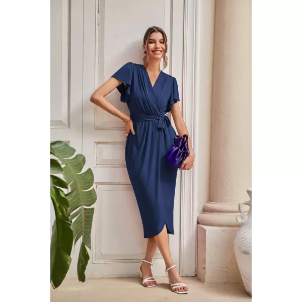 GRACE KARIN 2024 Womens Cocktail Dresses Ruffle Sleeve V Neck Wrap Dress Wedding Party Midi Dress with BeltNavy Blue