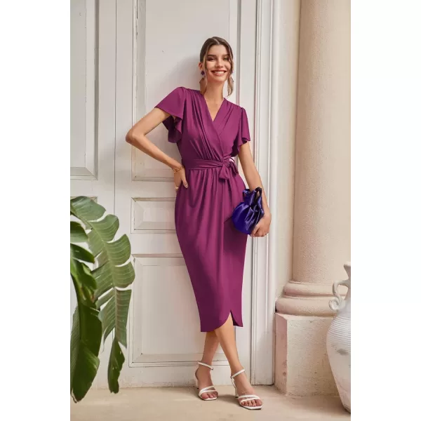 GRACE KARIN 2024 Womens Cocktail Dresses Ruffle Sleeve V Neck Wrap Dress Wedding Party Midi Dress with BeltPurple Red