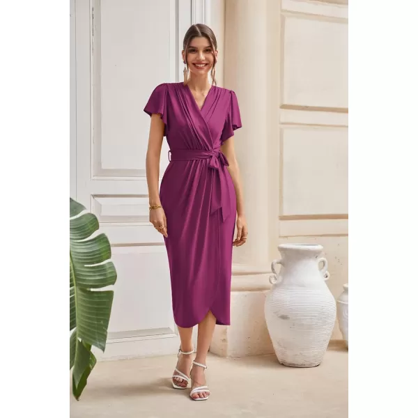 GRACE KARIN 2024 Womens Cocktail Dresses Ruffle Sleeve V Neck Wrap Dress Wedding Party Midi Dress with BeltPurple Red