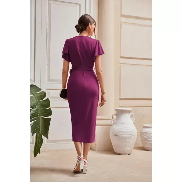 GRACE KARIN 2024 Womens Cocktail Dresses Ruffle Sleeve V Neck Wrap Dress Wedding Party Midi Dress with BeltPurple Red