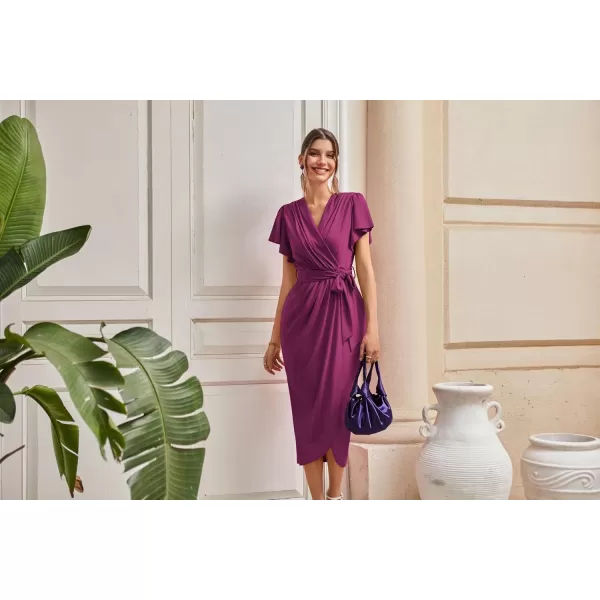 GRACE KARIN 2024 Womens Cocktail Dresses Ruffle Sleeve V Neck Wrap Dress Wedding Party Midi Dress with BeltPurple Red