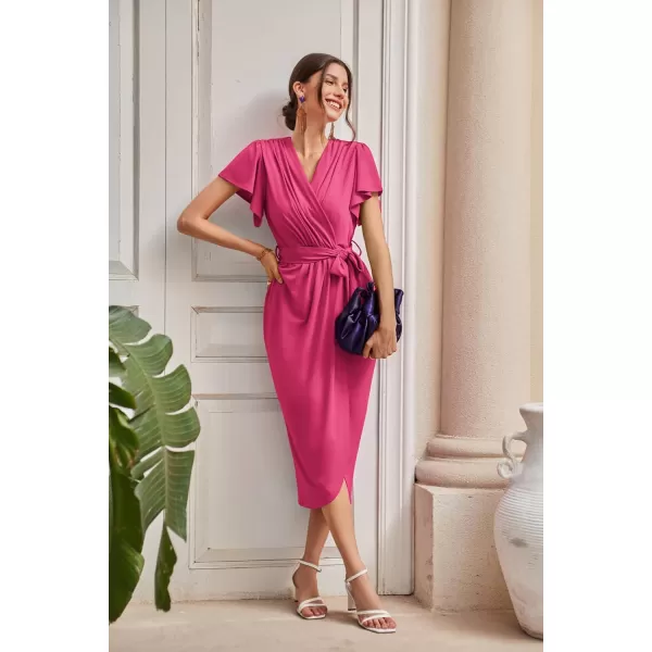 GRACE KARIN 2024 Womens Cocktail Dresses Ruffle Sleeve V Neck Wrap Dress Wedding Party Midi Dress with BeltRose Red