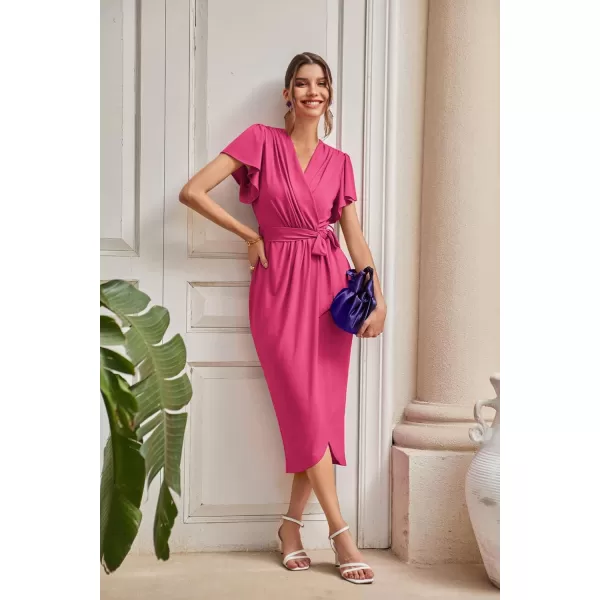 GRACE KARIN 2024 Womens Cocktail Dresses Ruffle Sleeve V Neck Wrap Dress Wedding Party Midi Dress with BeltRose Red