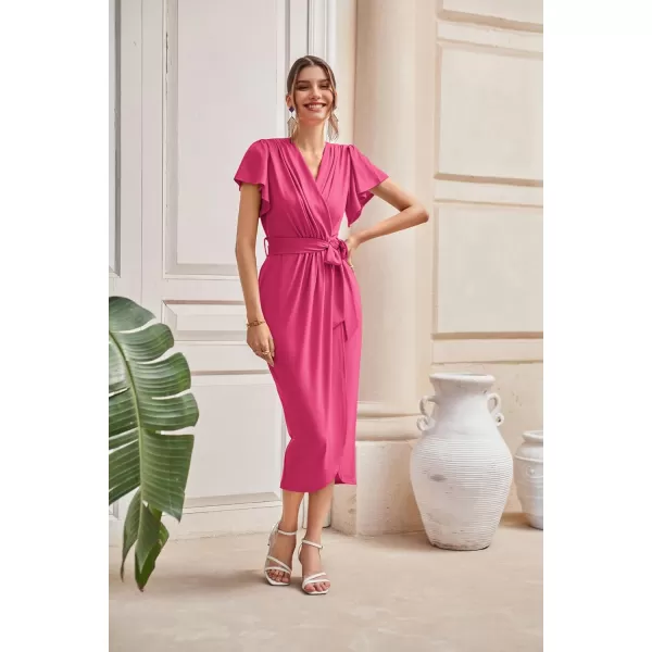 GRACE KARIN 2024 Womens Cocktail Dresses Ruffle Sleeve V Neck Wrap Dress Wedding Party Midi Dress with BeltRose Red