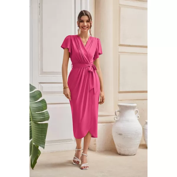 GRACE KARIN 2024 Womens Cocktail Dresses Ruffle Sleeve V Neck Wrap Dress Wedding Party Midi Dress with BeltRose Red