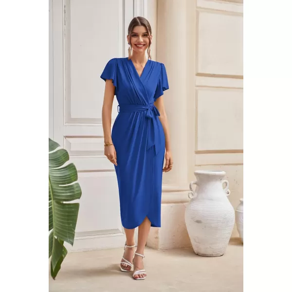 GRACE KARIN 2024 Womens Cocktail Dresses Ruffle Sleeve V Neck Wrap Dress Wedding Party Midi Dress with BeltRoyal Blue