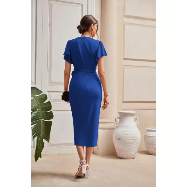 GRACE KARIN 2024 Womens Cocktail Dresses Ruffle Sleeve V Neck Wrap Dress Wedding Party Midi Dress with BeltRoyal Blue