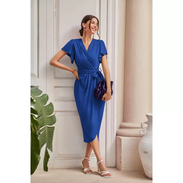 GRACE KARIN 2024 Womens Cocktail Dresses Ruffle Sleeve V Neck Wrap Dress Wedding Party Midi Dress with BeltRoyal Blue