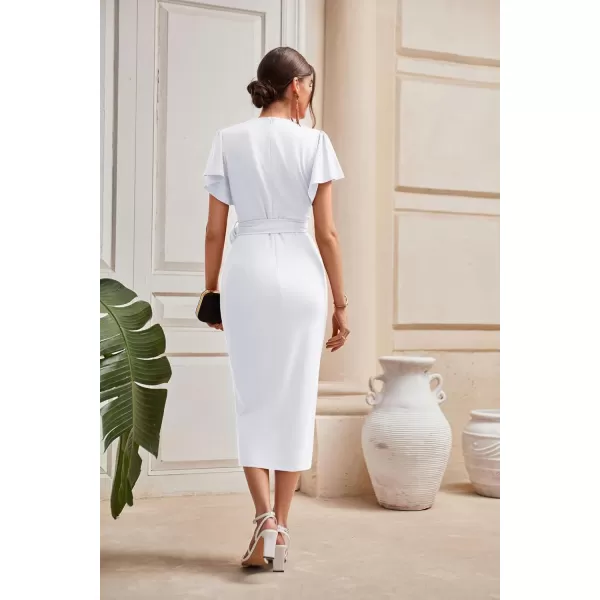 GRACE KARIN 2024 Womens Cocktail Dresses Ruffle Sleeve V Neck Wrap Dress Wedding Party Midi Dress with BeltWhite