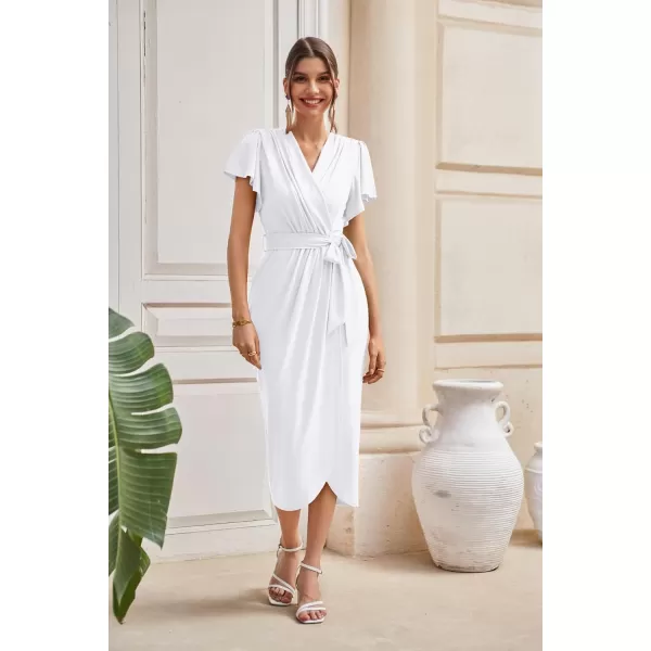 GRACE KARIN 2024 Womens Cocktail Dresses Ruffle Sleeve V Neck Wrap Dress Wedding Party Midi Dress with BeltWhite