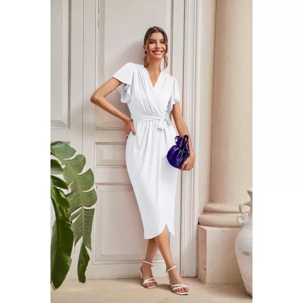 GRACE KARIN 2024 Womens Cocktail Dresses Ruffle Sleeve V Neck Wrap Dress Wedding Party Midi Dress with BeltWhite