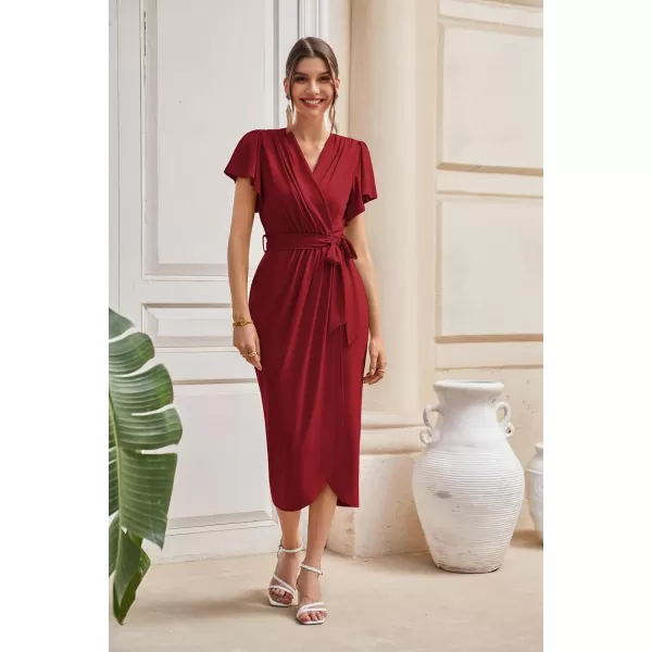 GRACE KARIN 2024 Womens Cocktail Dresses Ruffle Sleeve V Neck Wrap Dress Wedding Party Midi Dress with BeltWine Red