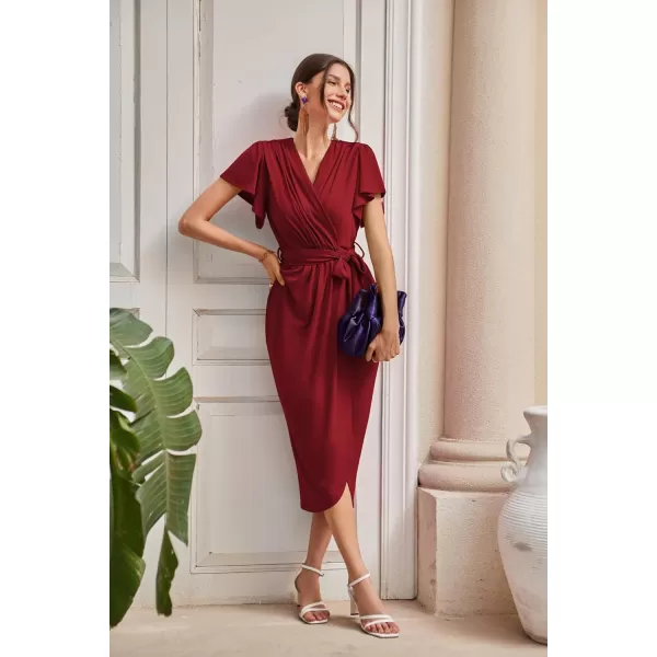 GRACE KARIN 2024 Womens Cocktail Dresses Ruffle Sleeve V Neck Wrap Dress Wedding Party Midi Dress with BeltWine Red