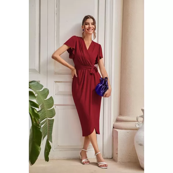 GRACE KARIN 2024 Womens Cocktail Dresses Ruffle Sleeve V Neck Wrap Dress Wedding Party Midi Dress with BeltWine Red