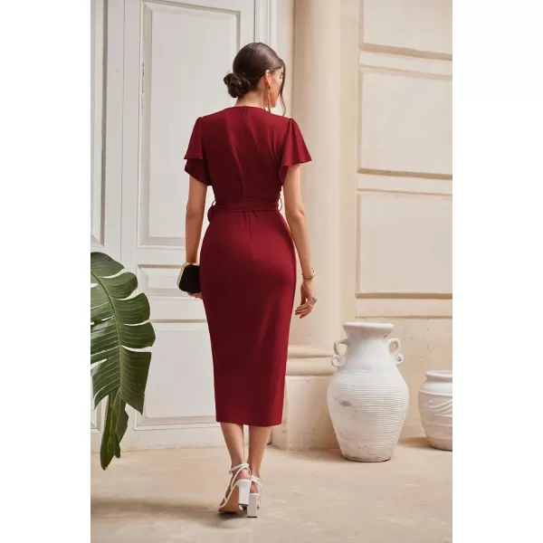 GRACE KARIN 2024 Womens Cocktail Dresses Ruffle Sleeve V Neck Wrap Dress Wedding Party Midi Dress with BeltWine Red