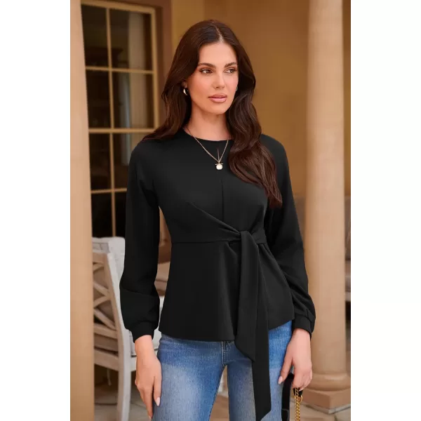 GRACE KARIN 2024 Womens Elegant Peplum Tops Tie Front Long Sleeve Shirts Dressy Casual Blouses Work Tunic TopsBlack