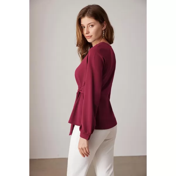 GRACE KARIN 2024 Womens Elegant Peplum Tops Tie Front Long Sleeve Shirts Dressy Casual Blouses Work Tunic TopsWine Red